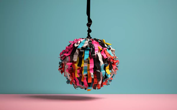 Colorful piñata hanging against a blue background with pink flooring, HD piñata desktop wallpaper and background.