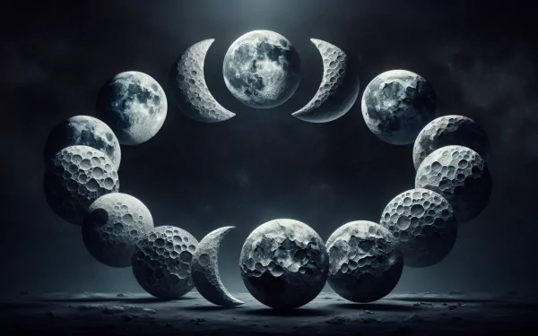 HD wallpaper of moon phases arranged in a circle against a dark sky background.