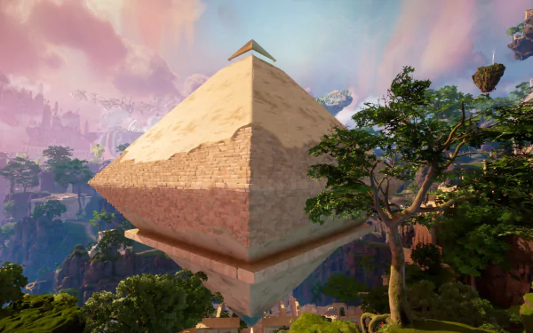 HD wallpaper featuring a floating pyramid from the video game Islands of Insight, set against a scenic backdrop with lush trees.