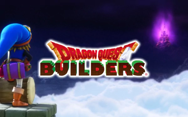 HD desktop wallpaper featuring a character from Dragon Quest Builders overlooking a mystical landscape with the game's logo prominently displayed.