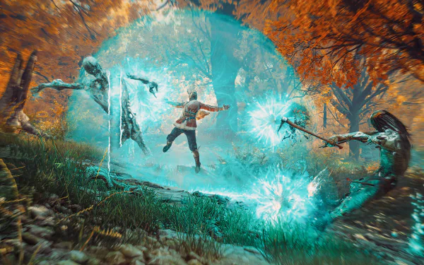 HD wallpaper from the video game Banishers: Ghosts of New Eden featuring a character fighting spectral enemies with a magical shield in an autumnal forest setting.