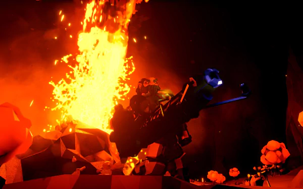HD wallpaper featuring an intense scene from the video game Deep Rock Galactic: Survivor, displaying a character in battle with a fiery explosion in the background.