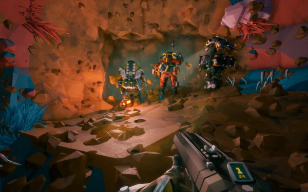HD desktop wallpaper featuring characters from the video game Deep Rock Galactic: Survivor exploring a vibrant alien cave.
