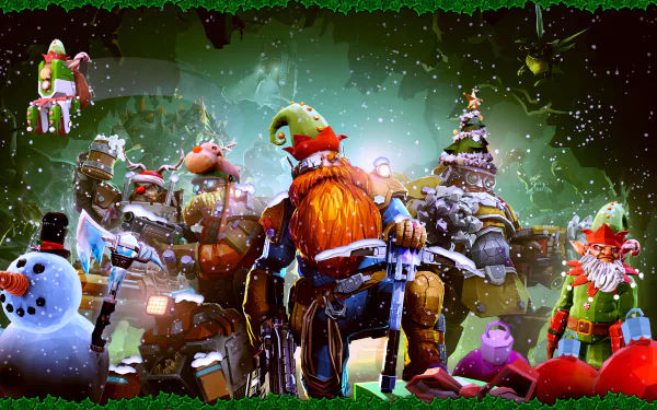 HD wallpaper featuring festive-themed characters from the video game Deep Rock Galactic: Survivor, with a decorated Christmas tree and a snowman in the background.