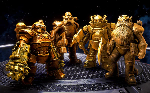 HD wallpaper featuring characters from Deep Rock Galactic: Survivor video game, with armored dwarves standing on a spaceship deck against a backdrop of stars.