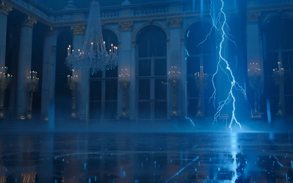 HD desktop wallpaper featuring a striking lightning bolt inside a grand, opulent room with chandeliers and large windows.