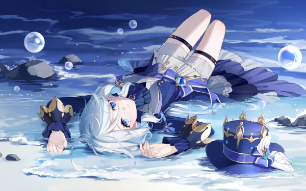 HD desktop wallpaper featuring Furina from Genshin Impact, lying on the ground in a blue-themed outfit with water effects and bubbles surrounding her.