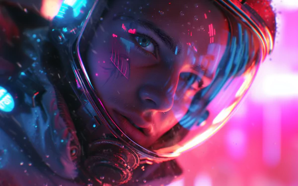 A captivating sci-fi HD desktop wallpaper featuring a woman astronaut with striking eyes, surrounded by vibrant, colorful light and futuristic elements.