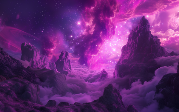 HD sci-fi wallpaper featuring a purple and pink planetscape with misty clouds and starry sky for desktop background.