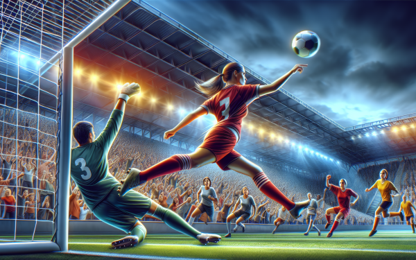 Soccer player scoring a goal in a vibrant HD wallpaper with stadium background