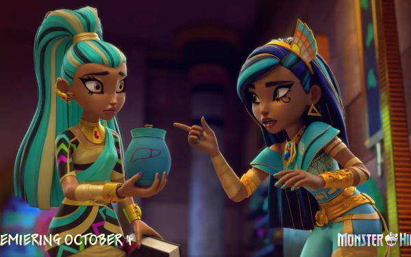 Two Monster High characters engage in a serious conversation, one holding a blue jar while the other gestures emphatically. This vibrant HD wallpaper adds a fun touch to any desktop background.