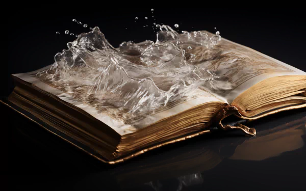 HD desktop wallpaper of an open Bible with water splashing on the pages against a dark background.