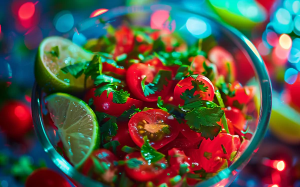 A vibrant bowl of fresh salsa, featuring diced tomatoes, cilantro, and lime wedges, set against a colorful, blurred background, creating an inviting food atmosphere.