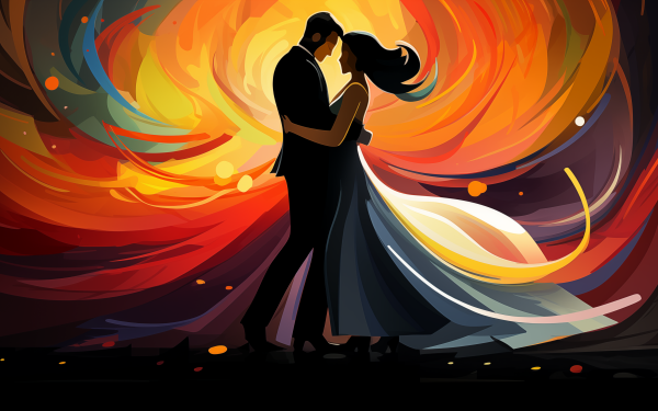 Romantic HD wallpaper featuring silhouette of couple embracing at wedding with vibrant abstract background.