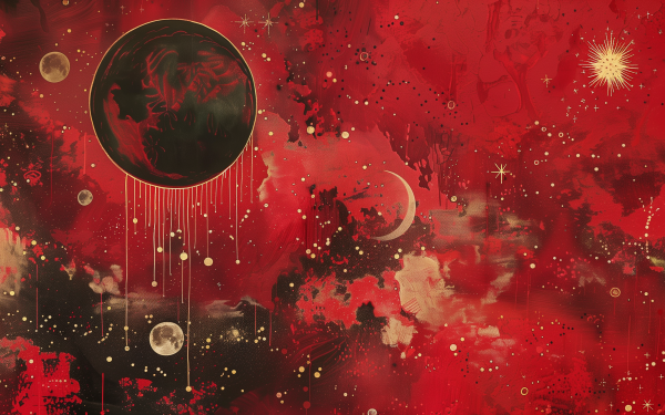 HD wallpaper featuring a red aesthetic with celestial motifs, ideal for desktop background.