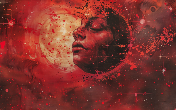 HD desktop wallpaper featuring a red aesthetic with an abstract depiction of a face immersed in a dynamic cosmic environment with splashes of red and hints of celestial bodies.
