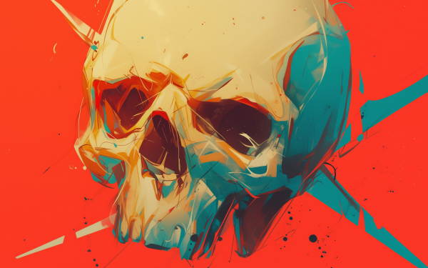 HD wallpaper featuring a stylized skull with vibrant red and blue accents on a dynamic orange background, perfect for a desktop background with an edgy aesthetic.