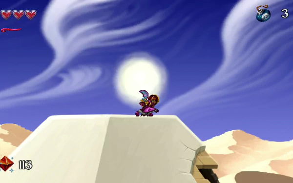 HD desktop wallpaper of Arzette: The Jewel of Faramore video game, featuring a character on a desert landscape with a dynamic blue sky and swirling clouds.