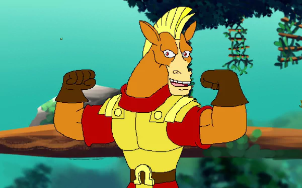 Alt Text: HD wallpaper featuring a strong animated horse character from the video game 'Arzette: The Jewel of Faramore,' set against a vibrant forest background.
