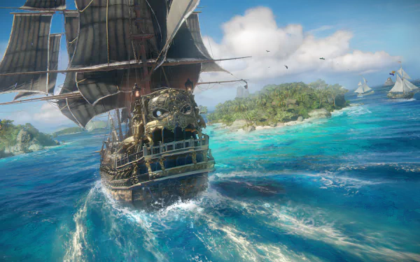 A vibrant HD wallpaper featuring a pirate ship from the video game Skull and Bones, navigating azure waters with lush islands in the background.