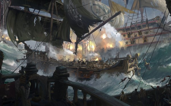 HD desktop wallpaper featuring an intense pirate ship battle from the video game Skull and Bones with vivid explosions and tumultuous ocean waves.