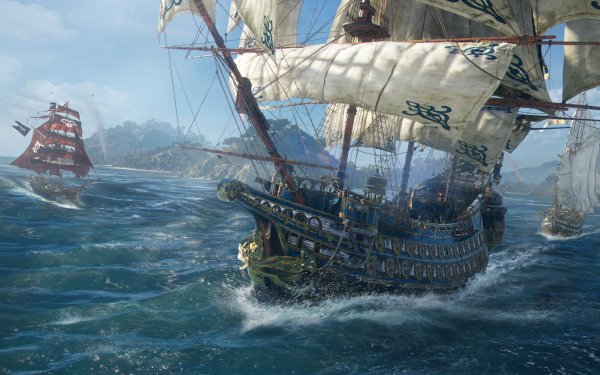 HD wallpaper featuring a dynamic naval battle from the video game Skull and Bones, showcasing intricately detailed pirate ships engaging on the high seas.