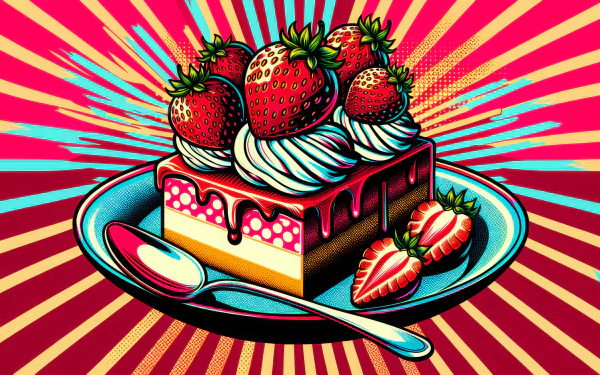 HD desktop wallpaper featuring a vibrant illustration of strawberry shortcake with fresh strawberries and whipped cream on a colorful radial background.