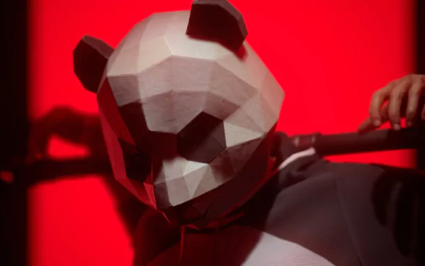 HD wallpaper featuring a stylized polygonal panda mask, inspired by the video game The Finals, set against a vivid red background.