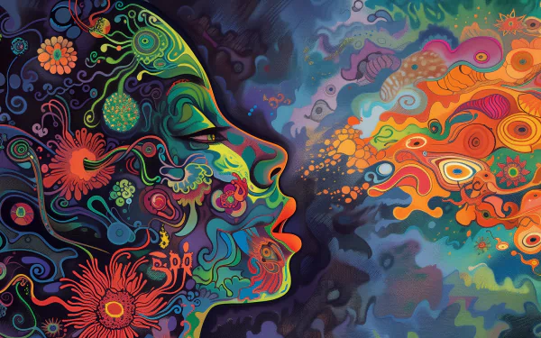 Artistic trippy wallpaper featuring colorful abstract woman's profile in HD for desktop background.