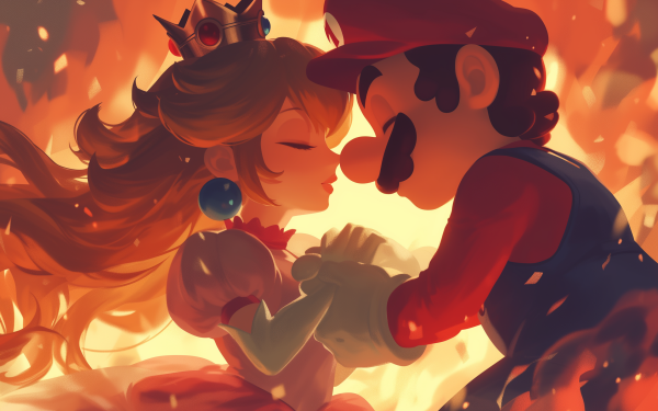 HD wallpaper featuring Mario and Princess Peach in a warm embrace with a fiery background perfect for desktop customization.