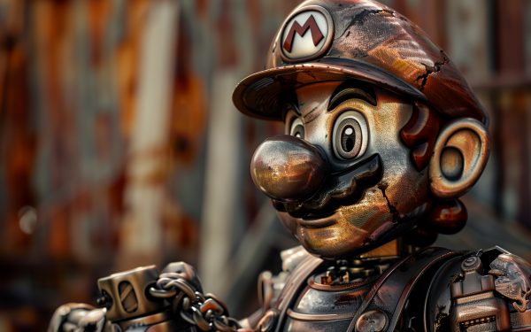 HD desktop wallpaper featuring a detailed rendition of Metal Mario with a steampunk aesthetic, perfect for gaming background themes.