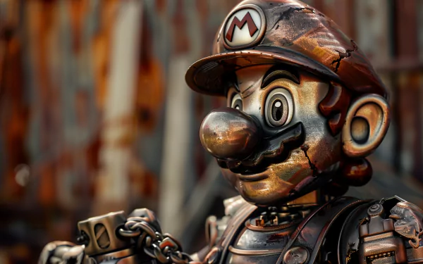 A detailed HD desktop wallpaper featuring Metal Mario, showcasing a metallic version of the iconic video game character with a rusty backdrop.