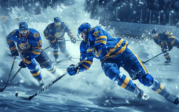 Dynamic ice hockey action featuring players from the St. Louis Blues, captured in a striking HD desktop wallpaper with a snowy backdrop.
