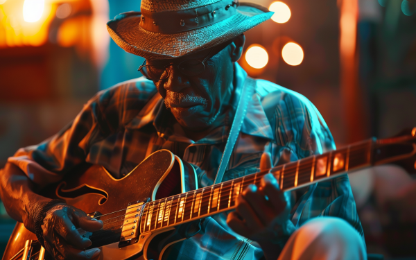 HD wallpaper of a blues musician playing guitar with atmospheric stage lighting in the background.