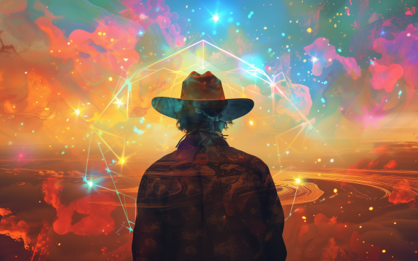 Digital art of a silhouette cowboy wearing a cowboy hat against a vibrant, abstract cosmic background, perfect for HD desktop wallpaper and background.