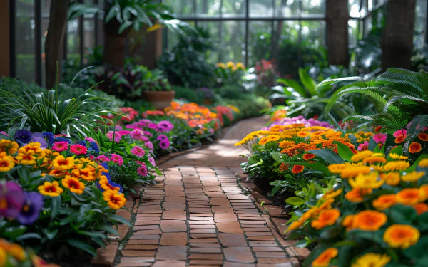 A vibrant botanical garden path lined with colorful flowers, showcasing a lush, serene environment, makes for an inviting and refreshing HD desktop wallpaper.
