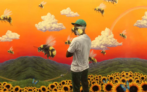 HD desktop wallpaper featuring an artistic representation of a person standing in a vibrant sunflower field with oversized bees, against a sunset sky, evoking the style of Tyler the Creator's music themes.