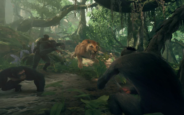 Ancestors: The Humankind Odyssey video game scene with primates and a saber-toothed tiger in a lush forest for HD desktop wallpaper.