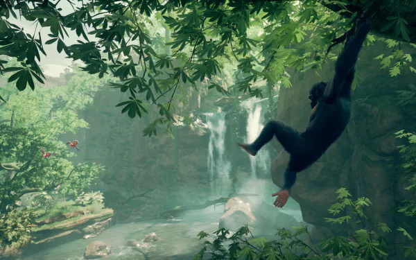 HD wallpaper featuring a scene from the video game Ancestors: The Humankind Odyssey with a primate swinging through a lush forest by a waterfall.
