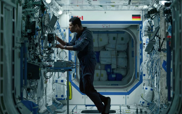 HD wallpaper featuring a scene from the TV show Constellation (2024) with an astronaut navigating through the interior of a space station.