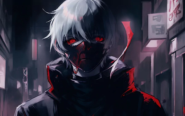 Ken Kaneki in his iconic half-ghoul mask from Tokyo Ghoul. HD desktop wallpaper featuring the beloved character in an artistic and captivating design.