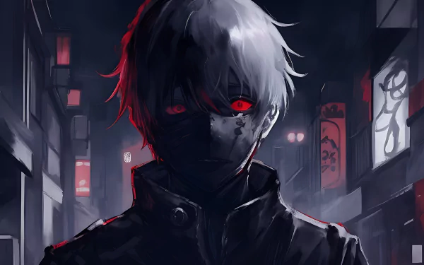 An intense Tokyo Ghoul desktop wallpaper featuring the brooding protagonist Ken Kaneki in high definition.
