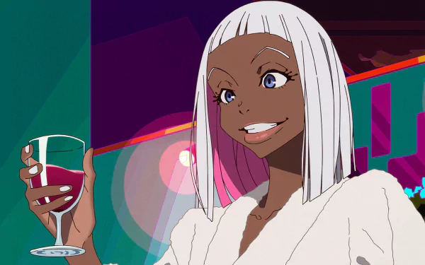 HD anime wallpaper featuring a character from GREAT PRETENDER with a mesmerizing smile, holding a wine glass, set against a vibrant, abstract background.