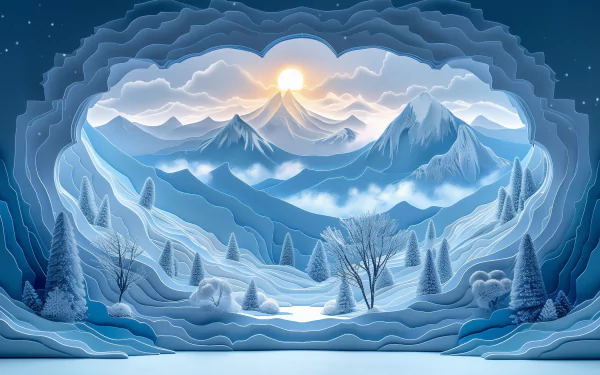 Stunning HD winter landscape wallpaper with a view from inside an ice cave towards snow-covered mountains under a sunrise sky.