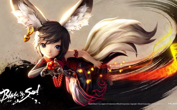 HD PC desktop wallpaper featuring a character with fox-like ears and tails from the video game Blade & Soul in dynamic action pose.