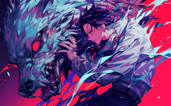A vibrant HD wallpaper featuring Yuta Okkotsu from Jujutsu Kaisen, showcasing dynamic colors and an intense connection with a fierce wolf-like creature.