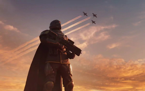 Helldivers 2 video game character in HD wallpaper with sunset sky and fighter jets flying in formation.