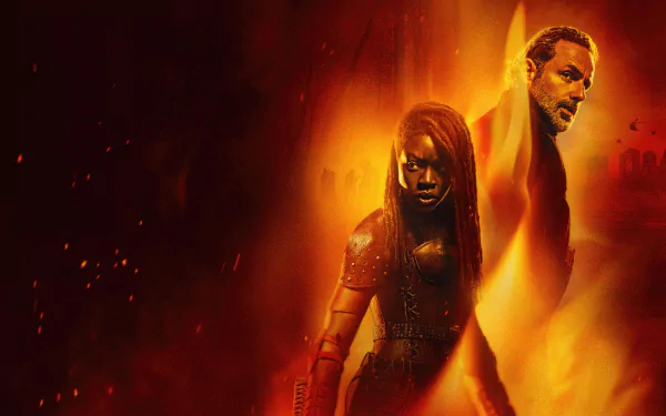 HD wallpaper featuring characters from The Walking Dead: The Ones Who Live amidst a fiery backdrop.