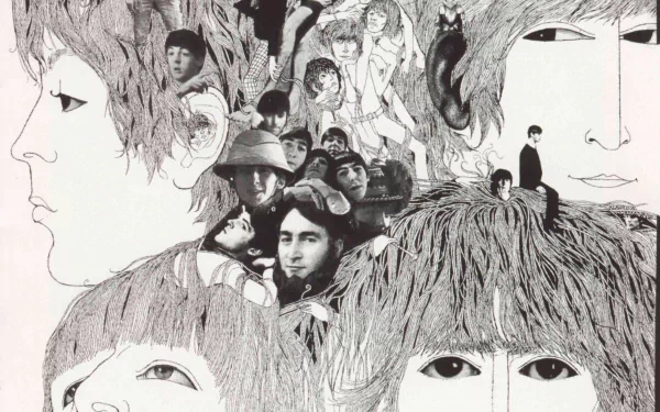HD desktop wallpaper featuring the iconic album cover art of The Beatles, showcasing detailed black-and-white illustrations of the band members.