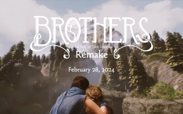 HD wallpaper for Brothers: A Tale of Two Sons Remake video game featuring two characters overlooking a scenic landscape with game title and release date.